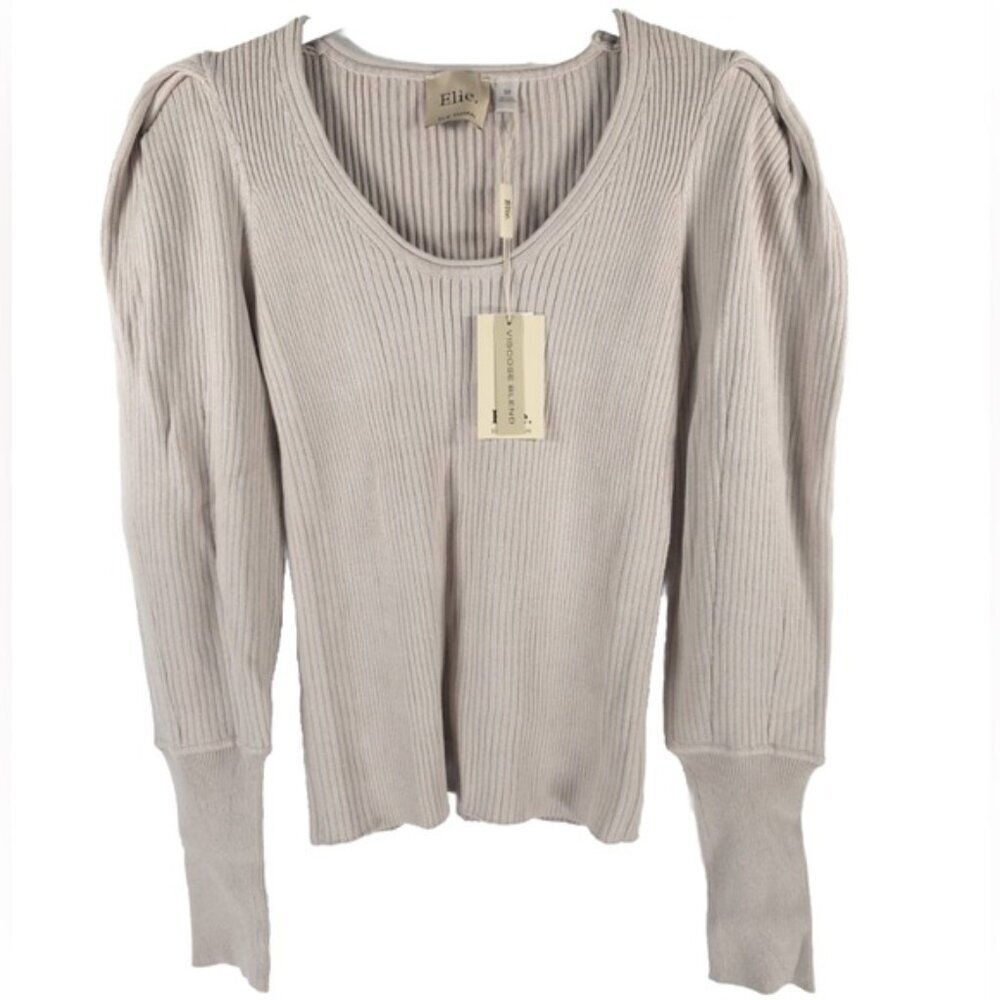 NWT ELIE. ELIE TAHARI Puff Sleeve Ribbed Slimming Pullover Sweater Size S & M